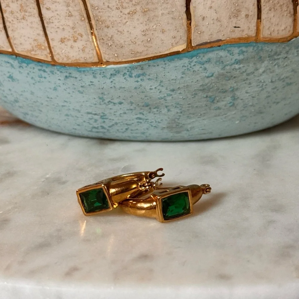 Gold Hoop Earrings with Emerald Green Stone - Picture 4 of 4